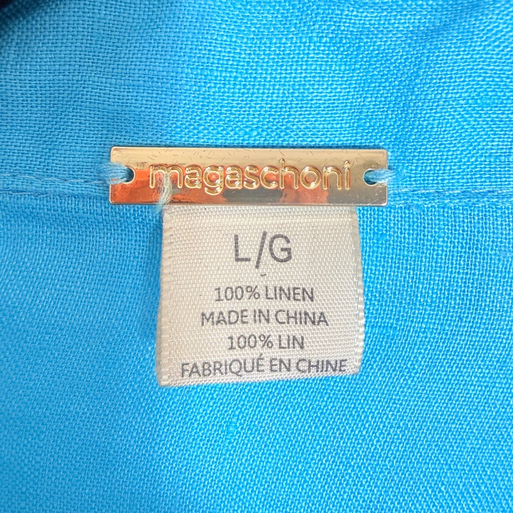 Magaschoni Womens 100% Linen Button Down Shirt Turquoise Blue Roll Tab Large - Picture 4 of 6